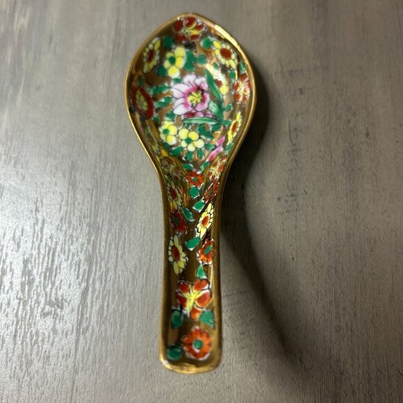 4 Vintage Hand-Painted Floral Asian Japanese Ceramic Soup Spoons Gold Accents - Picture 4 of 5